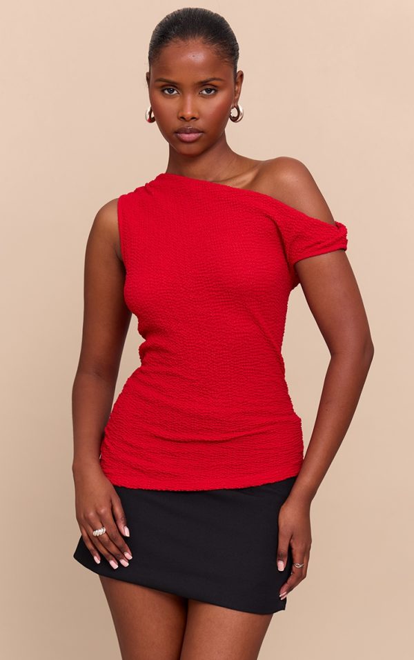 Red Textured Asymmetric Slouched Detail Long Top