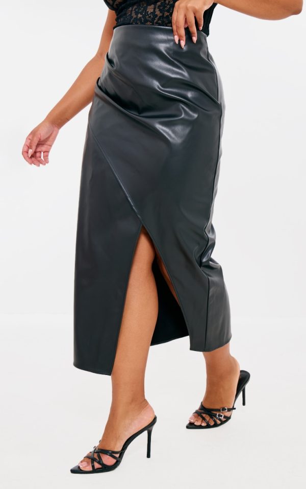 Plus Black Faux Leather Asymmetric Midi Skirt