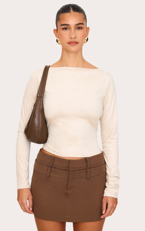 Cream Faux Suede Boatneck Long Sleeve Top