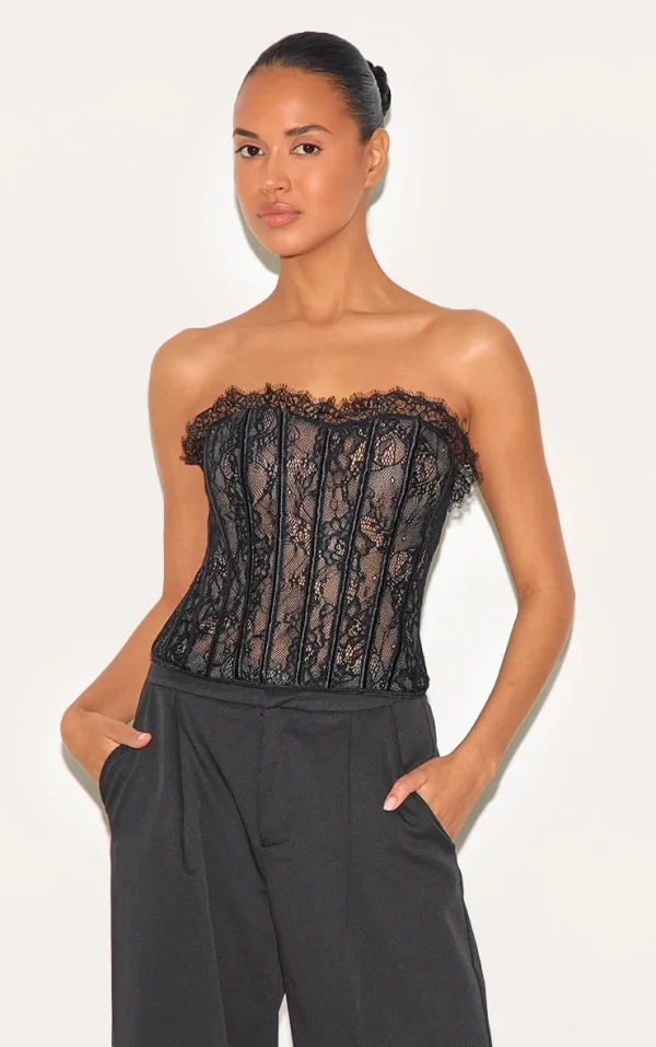 Black Lace Boned Lace Up Back Corset
