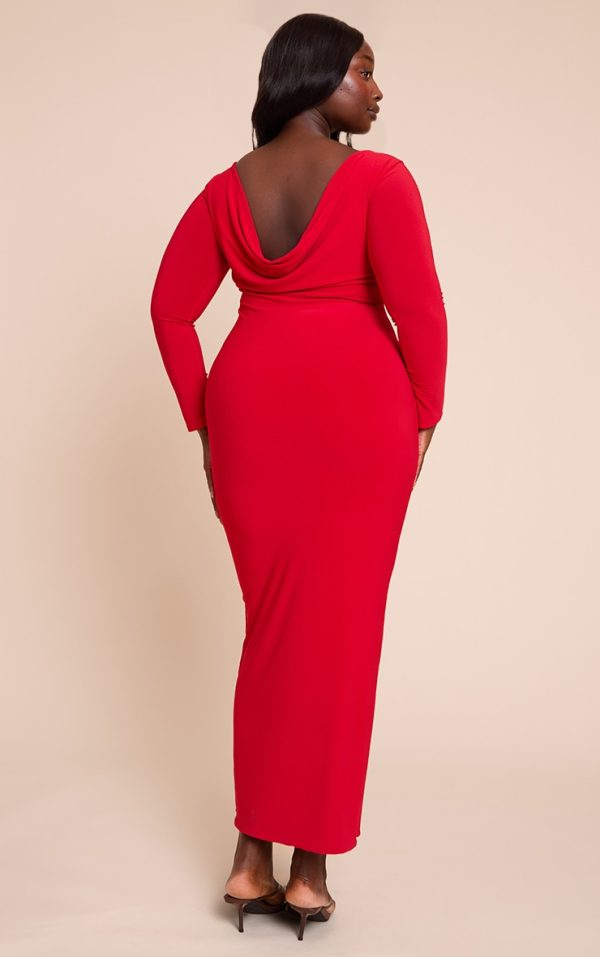 Plus Deep Red Scoop Back Detail Long Sleeve Maxi Dress