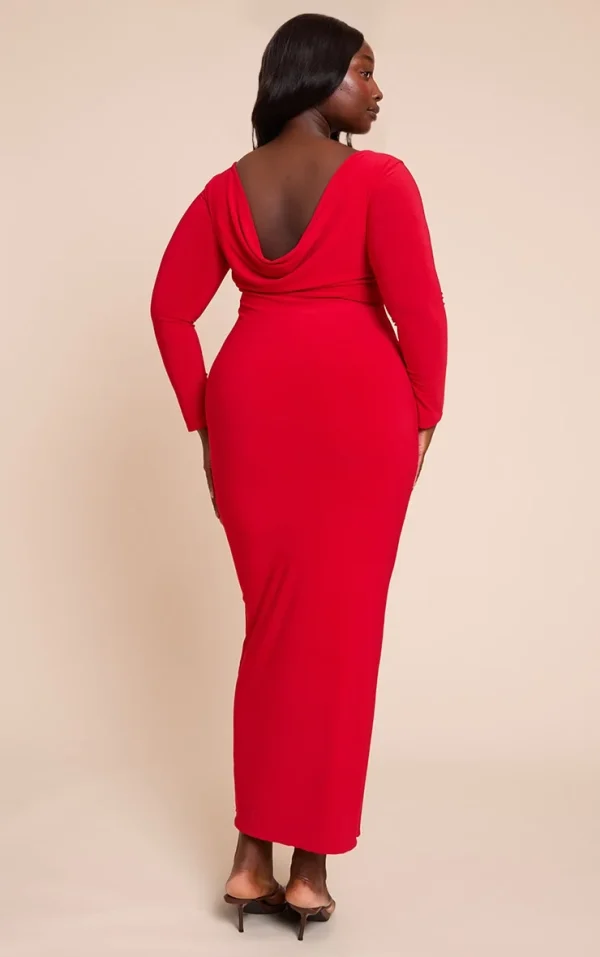 Plus Deep Red Scoop Back Detail Long Sleeve Maxi Dress