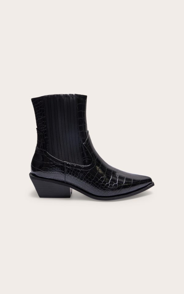 Black Croc PU Point Toe Low Block Heel Western Ankle Boots