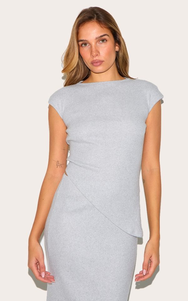 Grey Marl Brushed Rib Asymmetrical Cap Sleeve Long Top