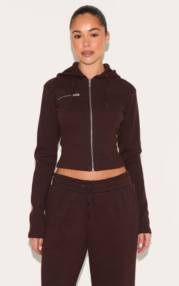 Dark Brown Zip Up Ribbed Track Top