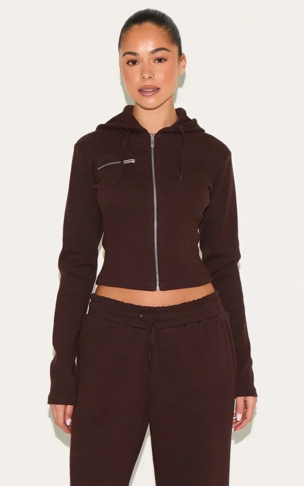 Dark Brown Zip Up Ribbed Track Top