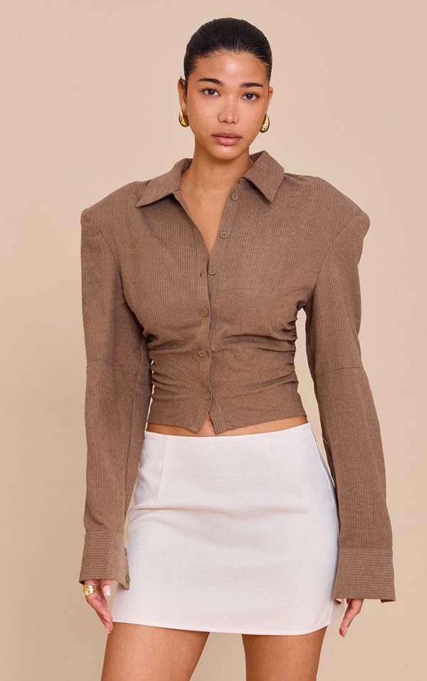Mushroom Pinstripe Ruched Shoulder Pad Detail Shirt