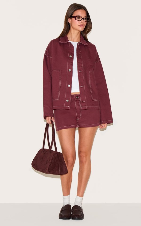 Burgundy Contrast Stitch Denim Mini Skirt