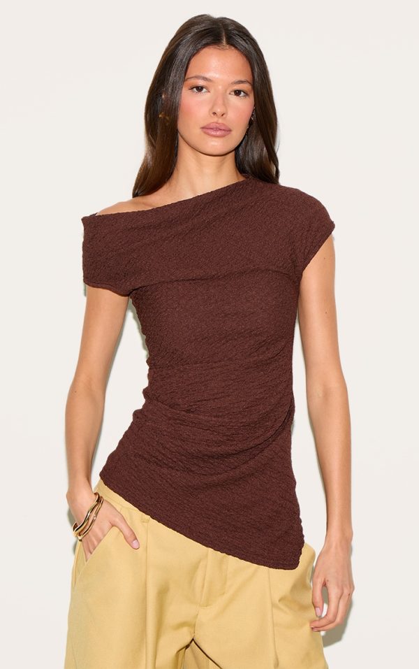 Chocolate Textured Ruched Asymmetric Long Top