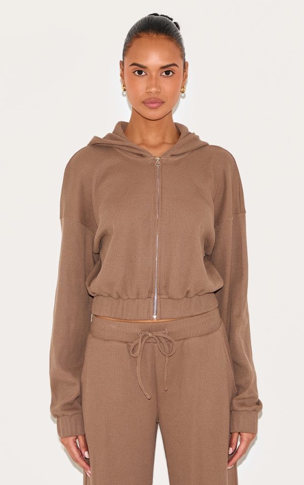 Brown Waffle Zip Up Cropped Hoodie