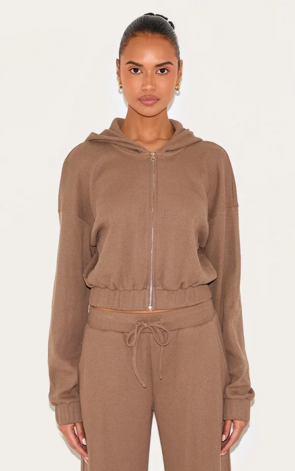 Brown Waffle Zip Up Cropped Hoodie