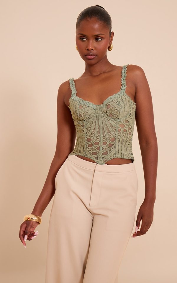 Sage Green Strappy Textured Sheer Floral Lace Corset
