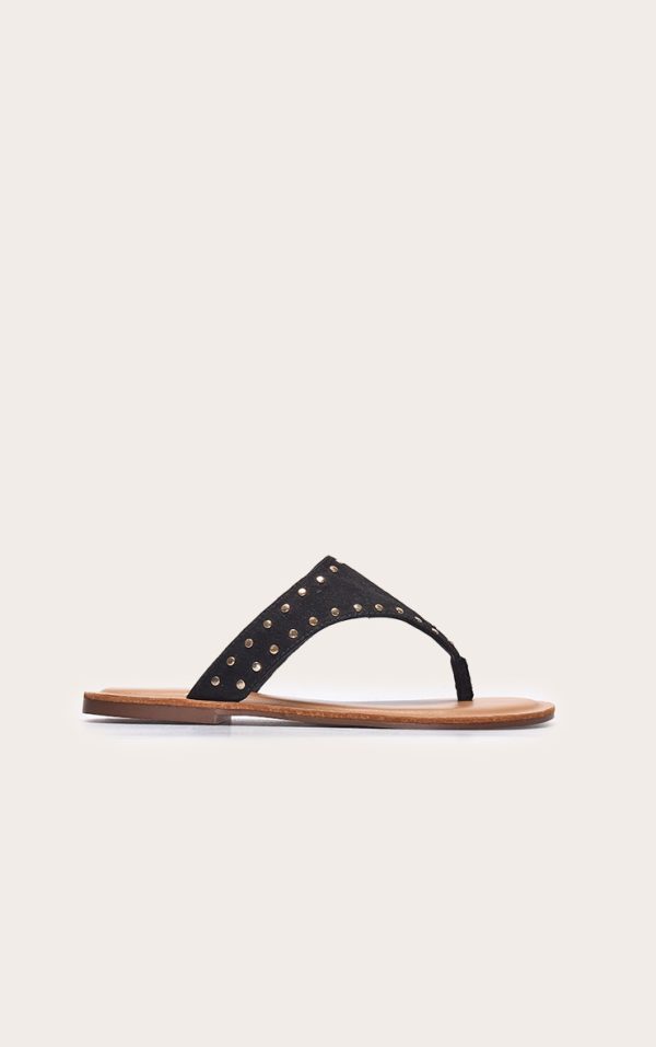 Black Faux Suede Stud Detail Toe Thong Flat Sandals