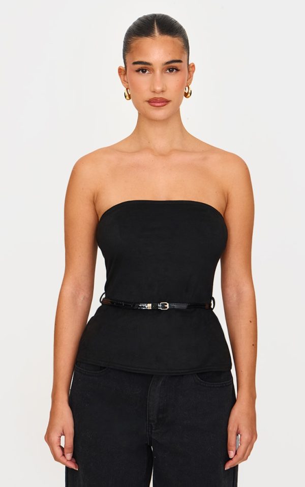 Black Faux Suede Bandeau Belt Detail Long Top