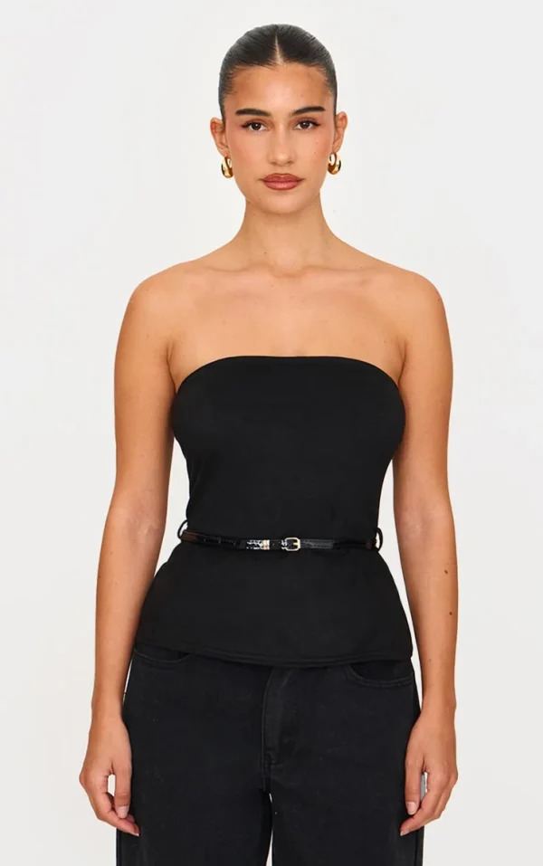 Black Faux Suede Bandeau Belt Detail Long Top