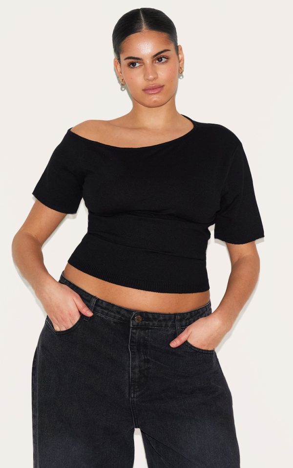 Plus Black Basic Knit Asymmetric Neckline Top