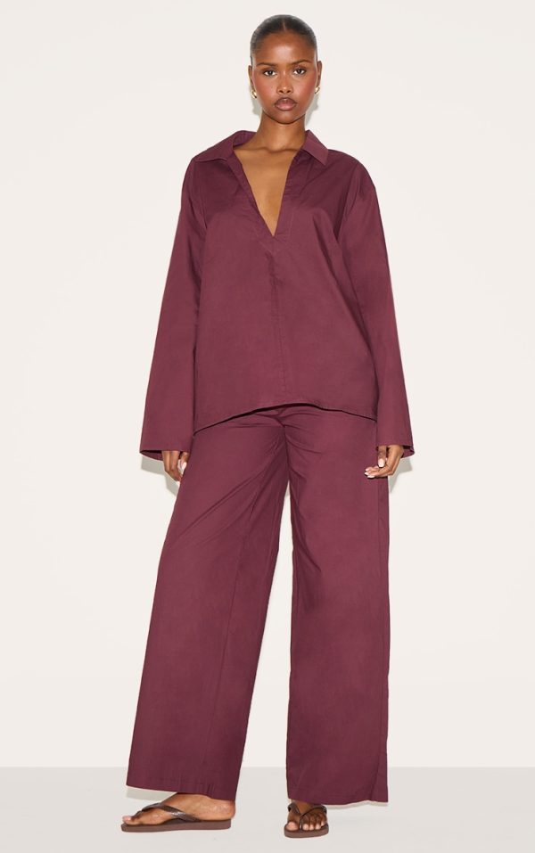 Plum Cotton Poplin Mid Rise Wide Leg Pants