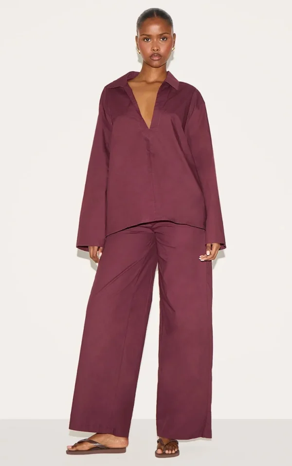 Plum Cotton Poplin Mid Rise Wide Leg Pants