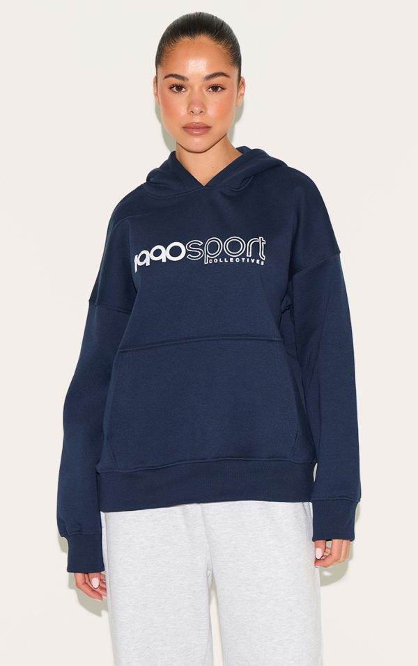 Navy Sports Puff Print Oversize Hoodie