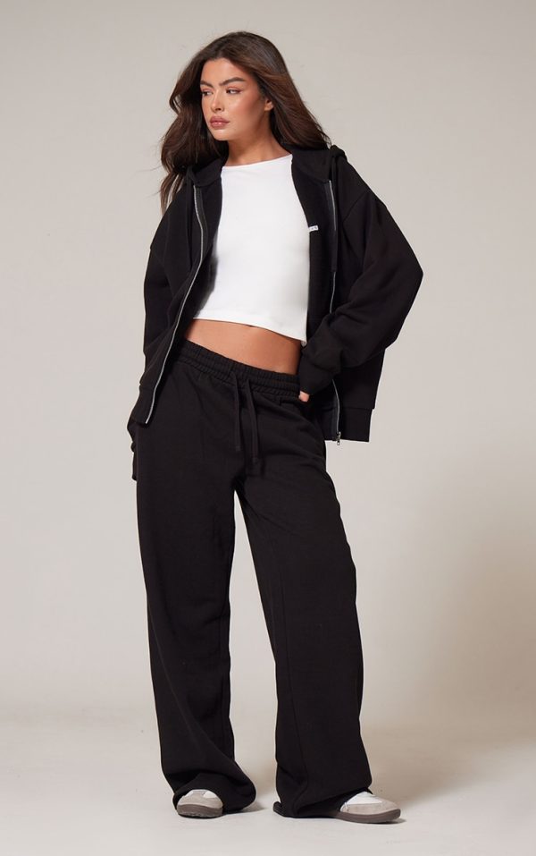 PRETTYLITTLETHING Black Premium Embroidered Oversized Wide Leg Sweatpants