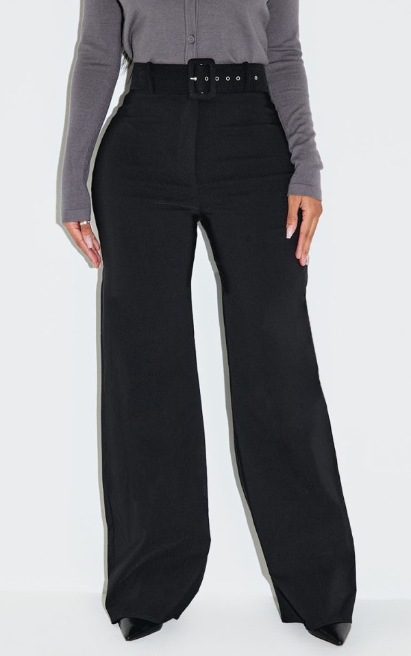 Shape Black Stretch Woven High Waisted Belted Wide Leg Pants