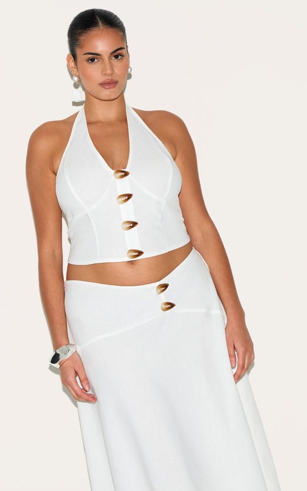 Plus White Woven Halterneck Button Detail Top