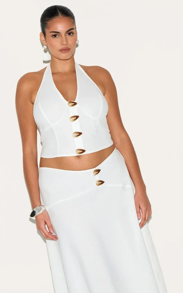 Plus White Woven Halterneck Button Detail Top