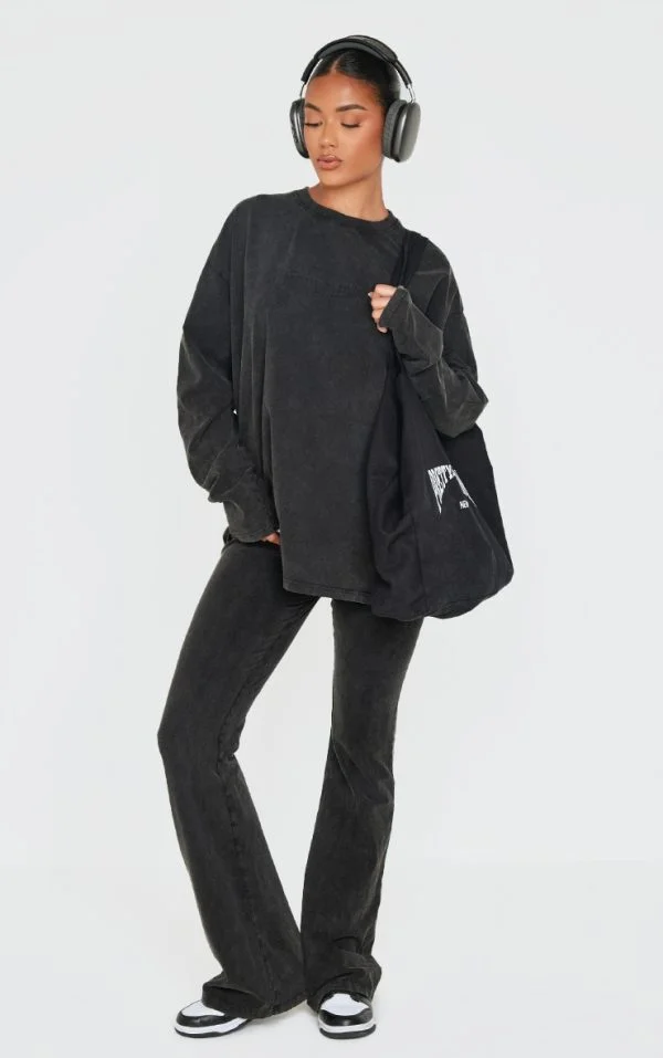 PRETTYLITTLETHING Black Embossed Logo Washed Skinny Flare Pants