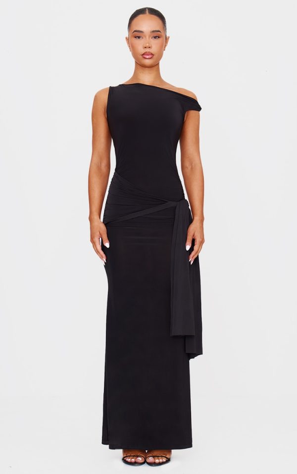 Black Slinky Off Shoulder Wrap Detail Maxi Dress