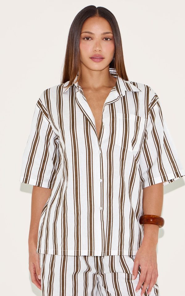 Tall Beige Striped Linen Look Oversized Shirt