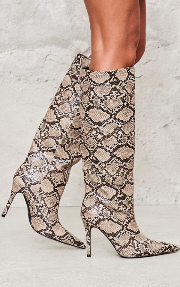 Snake PU Point Toe Stiletto Knee High Heeled Boots