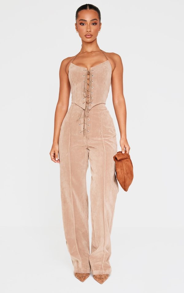 Petite Taupe Faux Suede Lace Up Wide Leg Pants