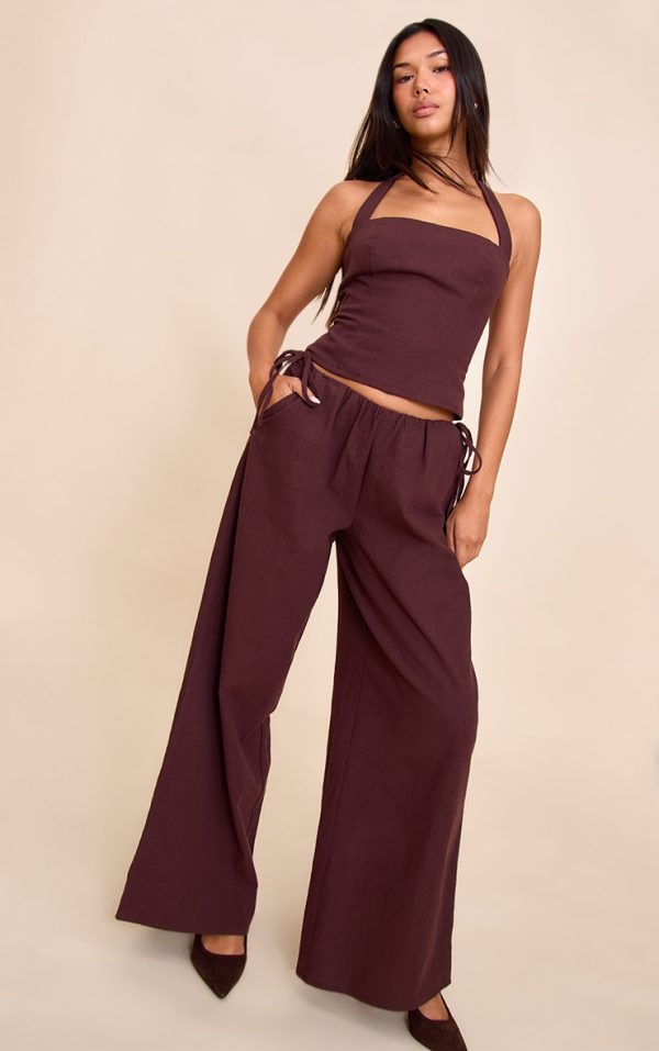 Deep Chocolate Premium Linen Side Tie Detail Wide Leg Pants