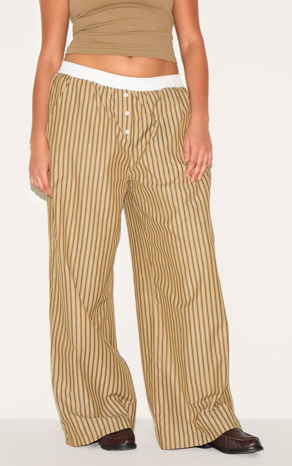 Plus Brown Pinstripe Cotton Poplin Contrast Waistband Pant