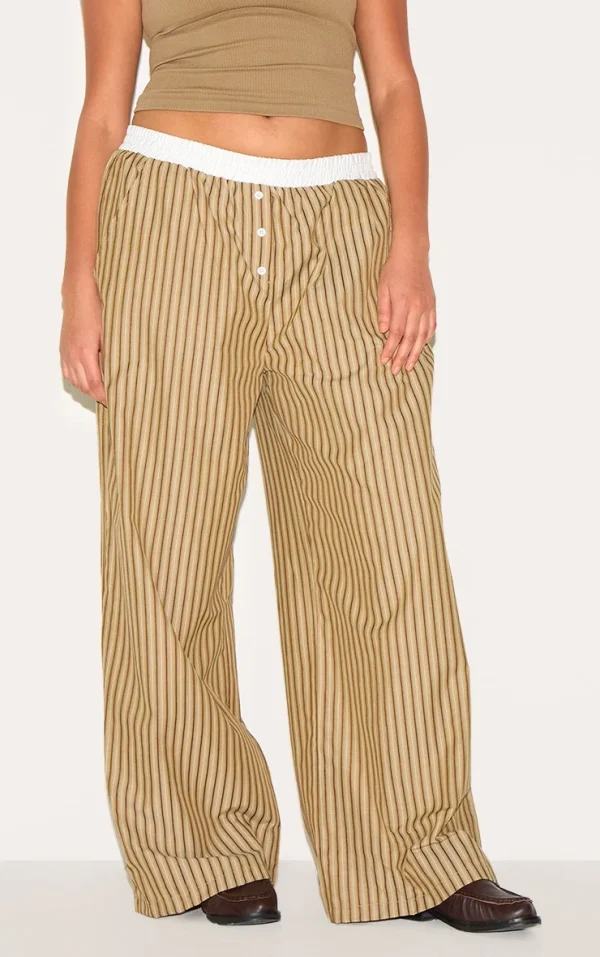 Plus Brown Pinstripe Cotton Poplin Contrast Waistband Pant