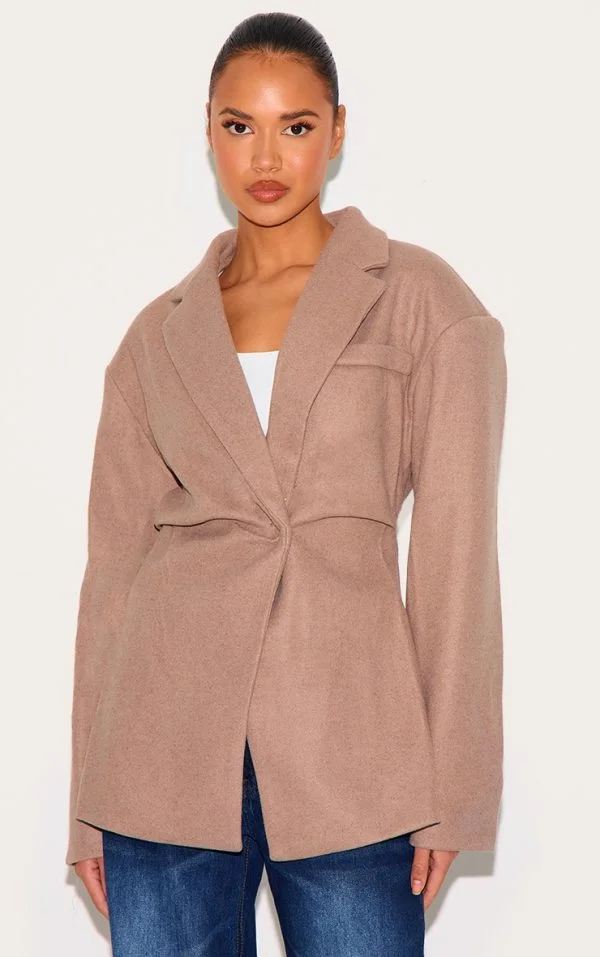 Brown Wool Look Cinched Blazer