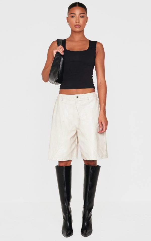 Premium Cream Washed Faux Leather Oversized Long Shorts