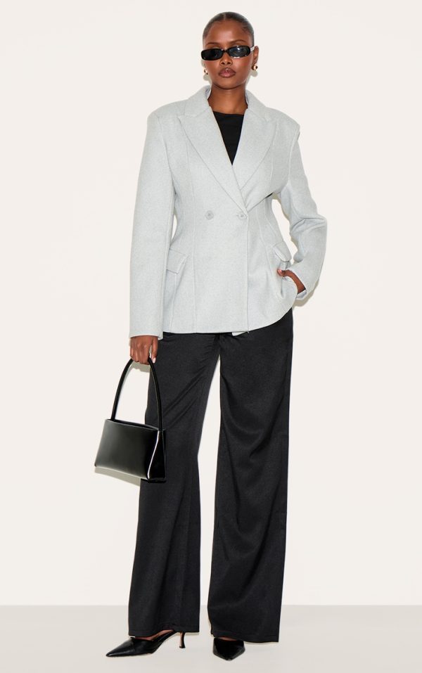 Grey Double Breasted Asymmetric Wool Look Blazer