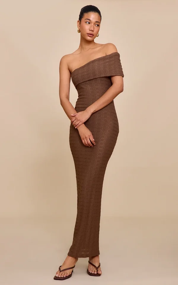 Stone Textured One Shoulder Sleeveless Maxi Dress