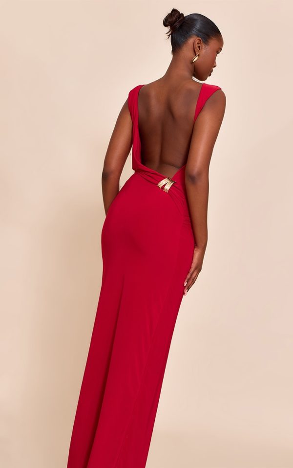 Red Double Layer Slinky Low Back Trim Detail Maxi Dress