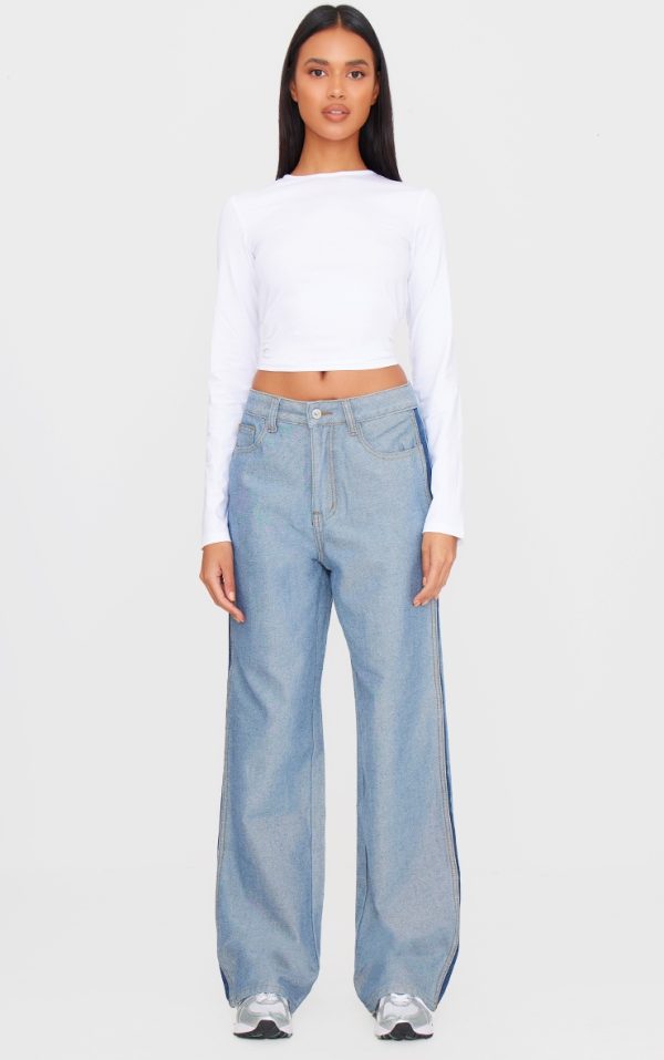 Mid Blue Wash Contrast Panel Denim Straight Leg Jeans