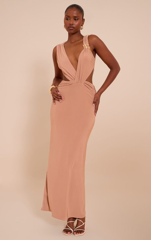 Beige Double Layer Slinky Plunge Cut Out Maxi Dress