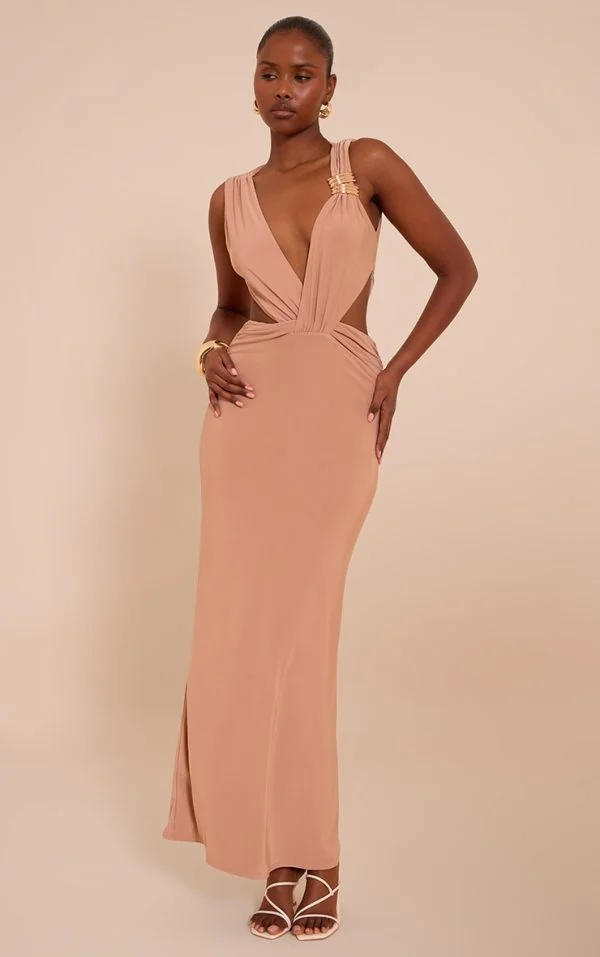 Beige Double Layer Slinky Plunge Cut Out Maxi Dress