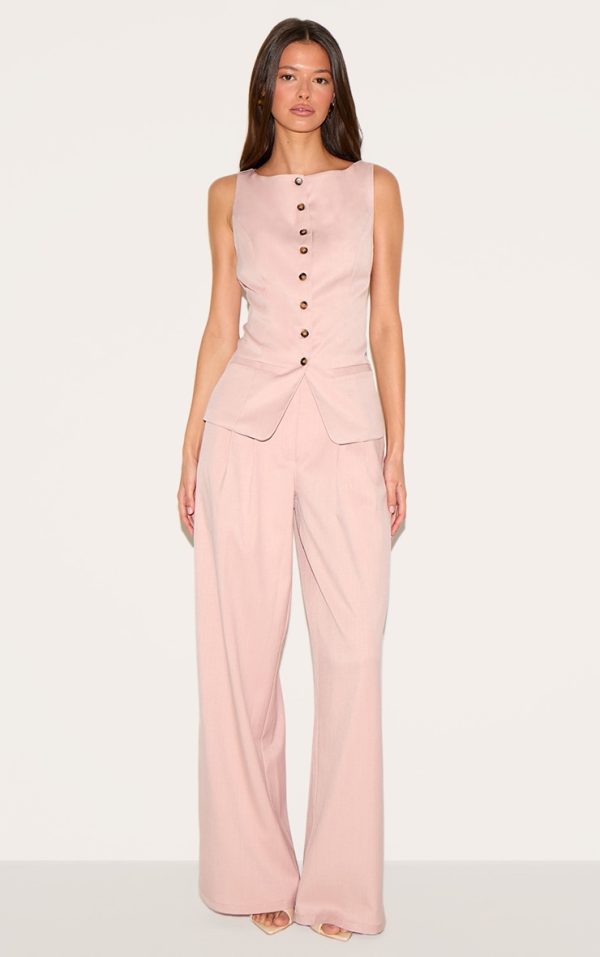 Light Pink Tailored Woven Pleated Wide Leg Pants