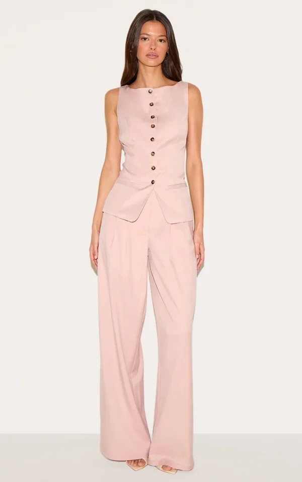 Light Pink Tailored Woven Pleated Wide Leg Pants