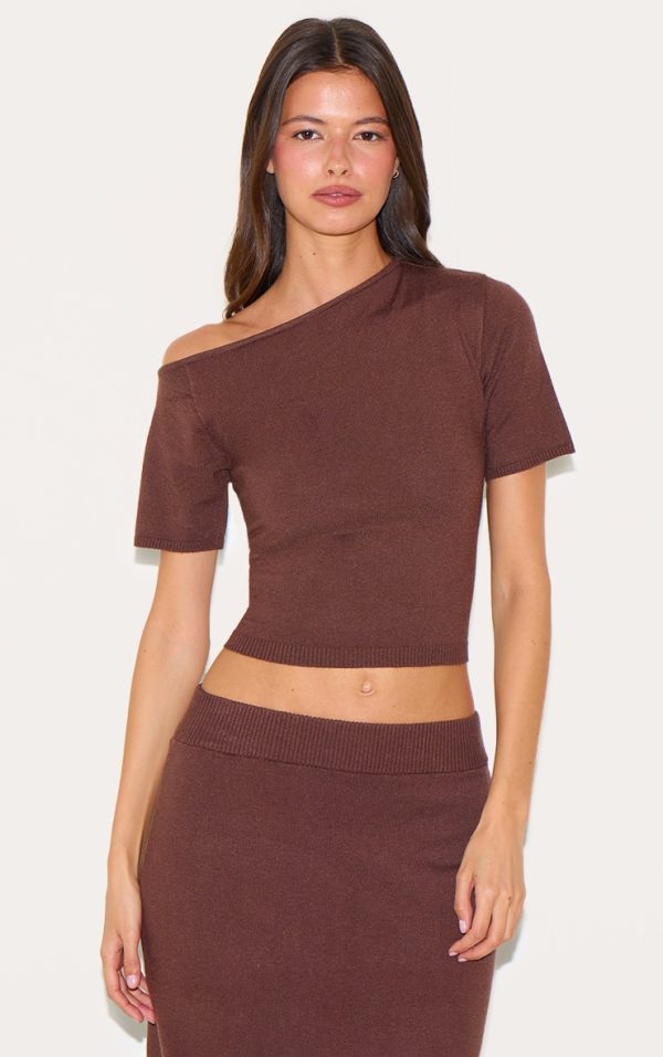 Chocolate Basic Knit Asymmetric Neckline Top