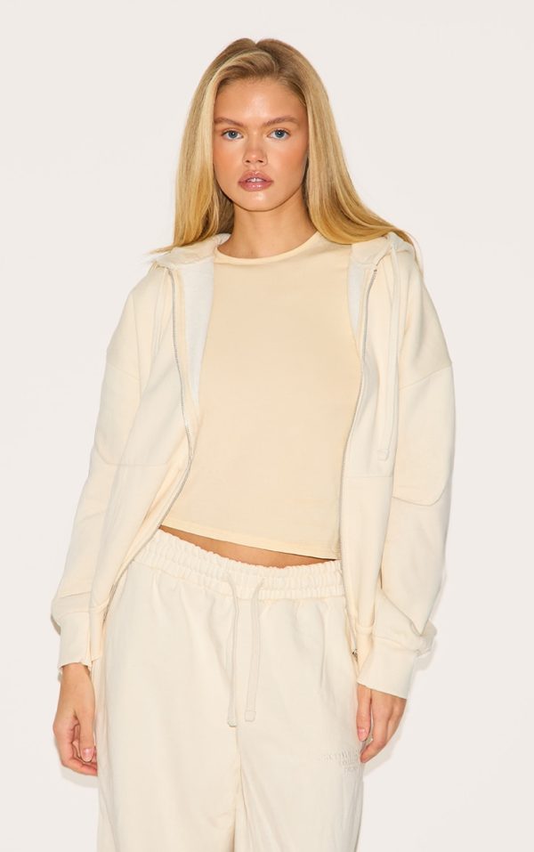 PRETTYLITTLETHING Cream Premium Embroidered Zip Front Oversized Hoodie