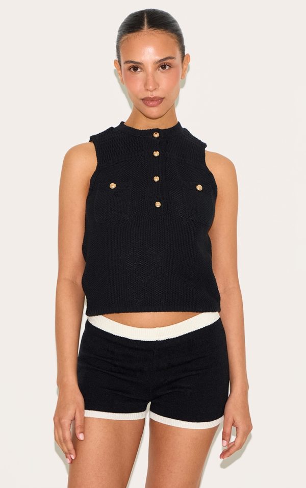 Petite Black Knitted Long Top With Button Details