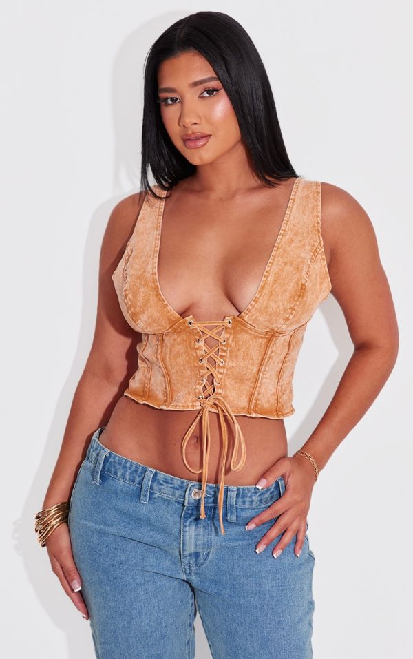 Shape Orange Washed Denim Lace Up Corset Top