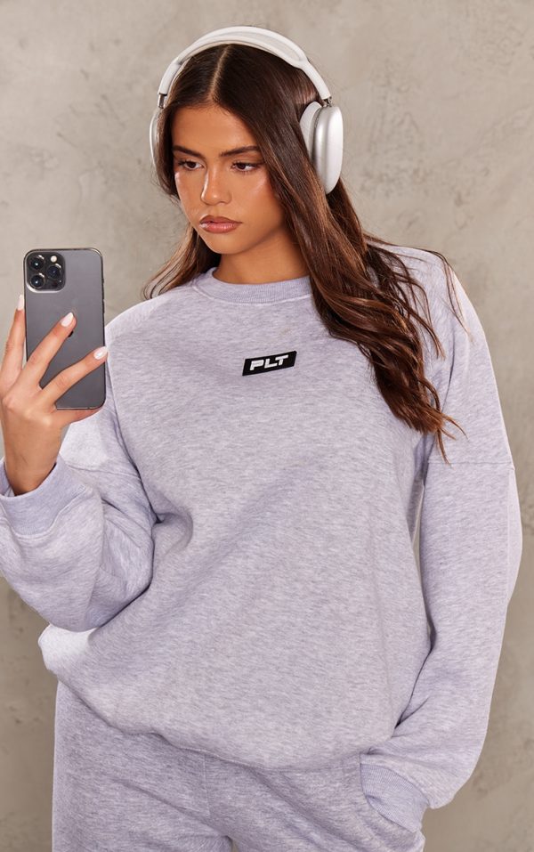 PRETTYLITTLETHING Ash Grey Rubber Badge Sweatshirt
